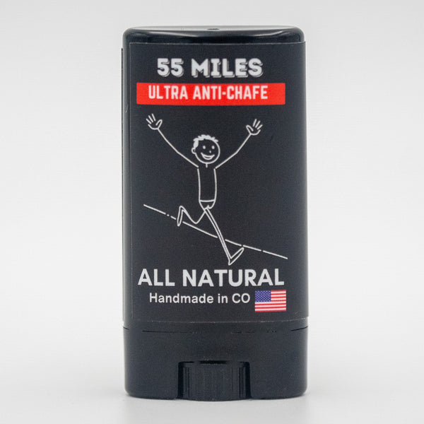 Black stick container labeled '55 Miles Ultra Anti-Chafe' with a stick figure and text on a white background.
