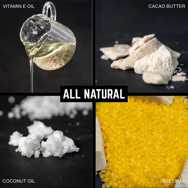 Collage of natural ingredients including vitamin E oil, cacao butter, coconut oil, and beeswax with 'All Natural' text.