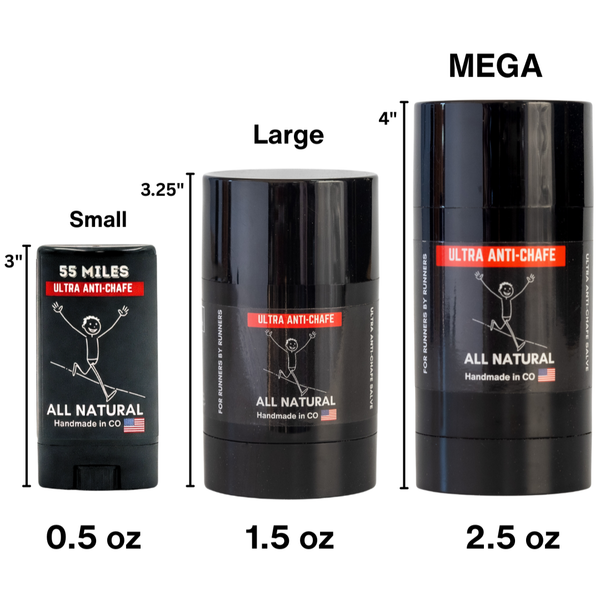 Three sizes of a Anti Chafe stick with measurements and labels on a white background