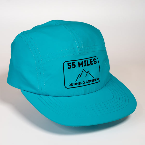 Turquoise cap with '55 Miles Running Company' logo on a white background